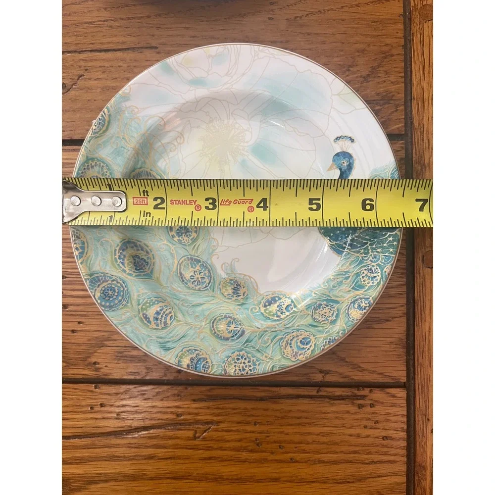 222 Fifth Lakshmi Peacock Fine China Bread and Butter Plates Set of 4 Teal Gold